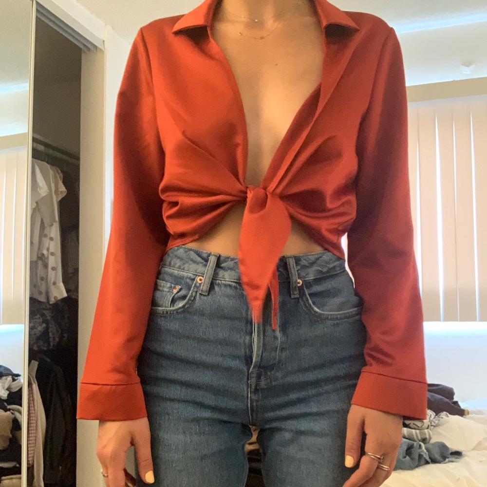 Burnt orange tie front silk crop top